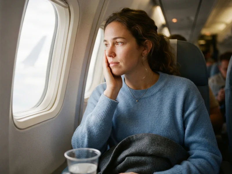 A calm airplane cabin with a traveler seated by the window holding their cheek