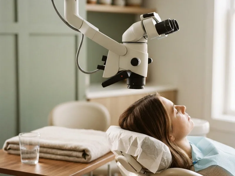 Dental operating microscope providing magnified view of a tooth during root canal treatment at Evergreen Endodontics