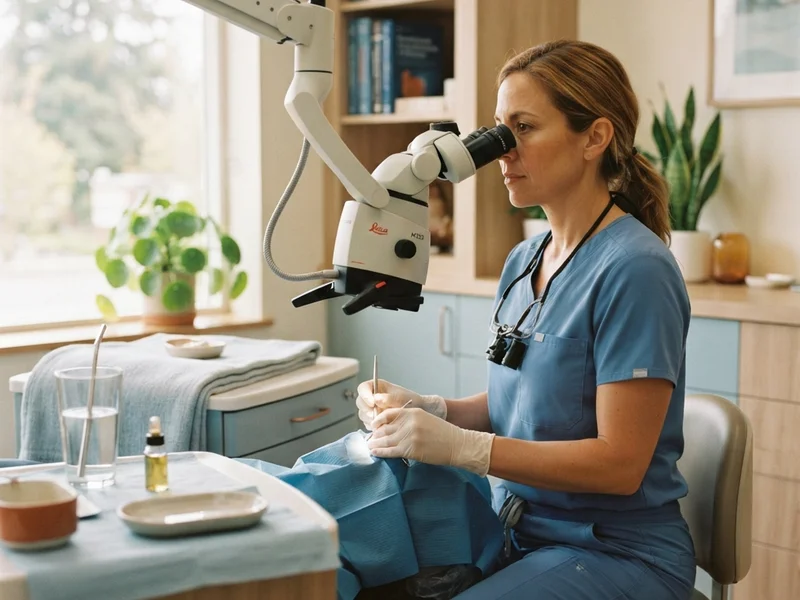 Detailed view of a properly sealed root canal under a dental microscope at Evergreen Endodontics